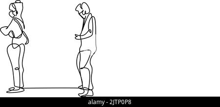 Le persone che indossano maschere in pubblico in città sono in attesa di prestare attenzione alla loro distanza. Illustrazione Vettoriale