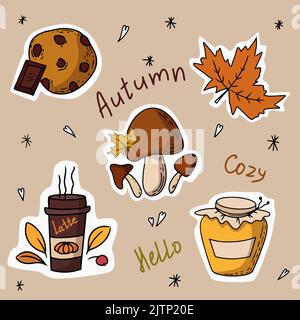 set di adesivi autunnali zucca latte roll funghi foglia vaso con miele e biscotti sullo sfondo del cuore e lettere autunnali Illustrazione Vettoriale