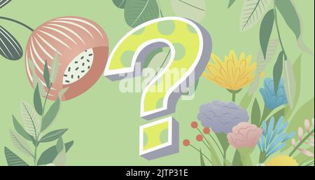 Immagine del punto interrogativo su piante e fiori su sfondo verde Foto Stock