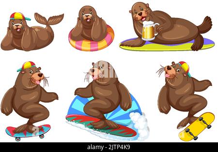 Set di diversi leoni marini personaggi cartoni animati illustrazione Illustrazione Vettoriale