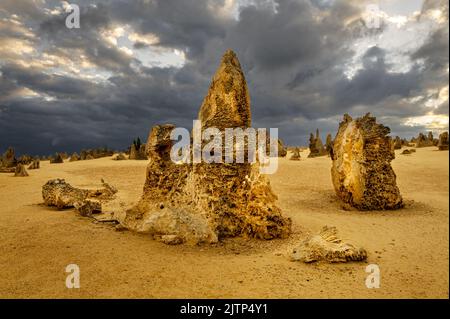 Bizzarre formazioni rocciose dei Pinnacoli nel Parco Nazionale di Nambung. Foto Stock