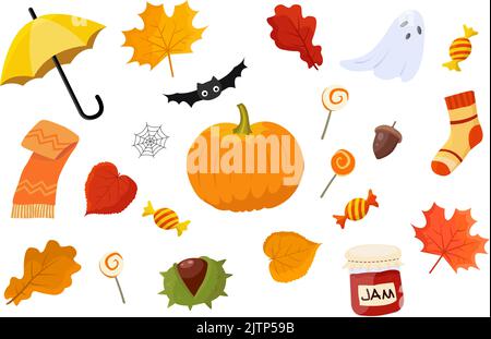 Autunno accogliente icone set. Stagione autunnale. Decorazioni di Halloween. Foglie autunnali e oggetti per la decorazione. Illustrazione vettoriale Illustrazione Vettoriale