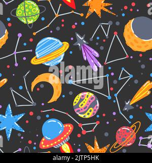 Modello senza cuciture con spazi colorati, pianeti, comete, costellazioni, ufo e stelle. Cielo notturno disegno a mano doodle sfondo astronomico. Grafica vettoriale Illustrazione Vettoriale