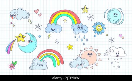 Bel tempo doodle. Kawaii previsioni meteo emotive. Sole carino, luna e nuvole felici. Sfondo vettoriale Illustrazione Vettoriale