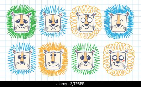 Isolato doodle simpatiche emoticon Lion. Carino set di animali vettoriali con emozioni. Cartoon felino, leone per la stampa, bambini e sviluppo vettoriale bambino Illustrazione Vettoriale