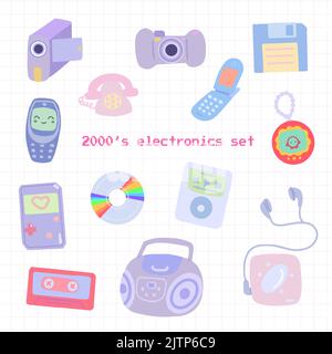 Set di 2000s dispositivi elettronici disegnati a mano Illustrazione Vettoriale