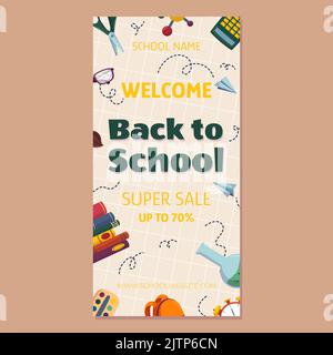 Colorful back to School sale offrire banner verticale modello con diversi materiali di consumo per lo studio - stack libri, tavolozza di colori, sacco di occhiali di allarme aereo di carta. Disegno di illustrazione vettoriale con spazio di copia Illustrazione Vettoriale