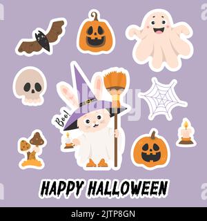 Adesivi Happy Halloween. Carino personaggio fantasma di coniglio in cappello di strega con scopa e candela, lanterna di zucca Jack, ciottoli, pipistrello, cranio e mosca agarico mush Illustrazione Vettoriale