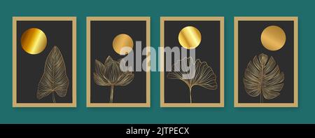 Set vettoriale a parete naturale e minimo con linee dorate e botaniche. Boho linea fogliame disegno d'arte con forma astratta. Copertina, carta da parati, Abstract Plant Art Illustrazione Vettoriale