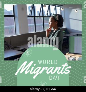 Composizione del testo della giornata mondiale dei migranti sulla donna afro-americana Foto Stock