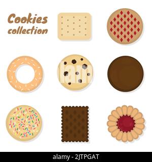 Raccolta di cookie. Cookie diversi con ombre per design, icone e illustrazioni. Vista dall'alto. Set vettoriale. Illustrazione Vettoriale