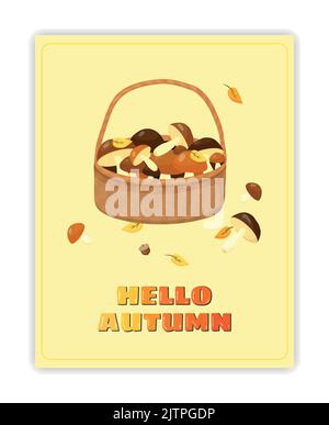 Biglietto d'auguri autunnale con cesto di funghi pieno in stile cartoon isolato su sfondo bianco. Illustrazione Vettoriale