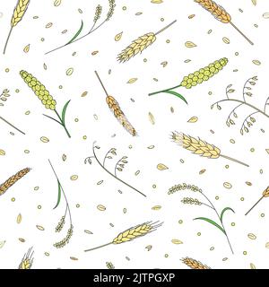 Modello naturale senza cuciture con cereali e grani trainati a mano. Illustrazione Vettoriale