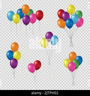 Grappoli e gruppi di palloncini colorati di elio isolati su sfondo trasparente. Illustrazione Vettoriale