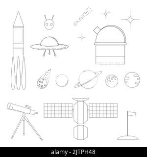 Set di icone lineari spaziali e astronomiche isolate su sfondo bianco. Illustrazione Vettoriale