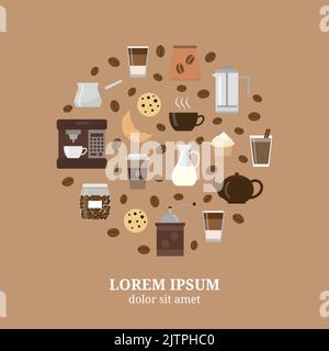 Diverse icone di caffè piatto composte in forma circolare. Icone colorate per la caffetteria e la caffetteria. Icone del caffè in cerchio. Illustrazione Vettoriale