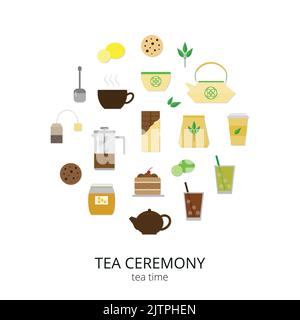 Prodotti da tè piatti e accessori composti a forma di cerchio. Tea Cup, pentola, torta, succhietto di tè, miele, limone, lime, biscotti, teiera cinese, sacchetto del tè, ghiaccio Illustrazione Vettoriale