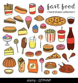 Collezione di pasti fast food disegnati a mano tra cui pizza, hamburger, gelato, torta, hot dog, pollo, burrito, popcorn, limonata, patatine, patatine fritte, sandwich Illustrazione Vettoriale