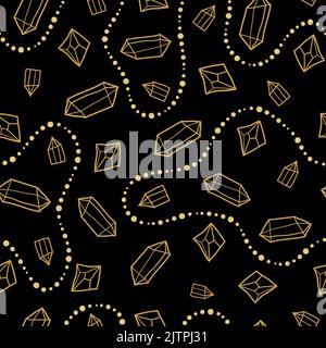Motivo nero senza cuciture con cristalli di diamante dorato disegnati a mano. Illustrazione Vettoriale