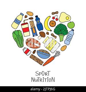 Articoli di nutrizione di sport disegnati a mano compreso proteina, frutte, dadi, vegetali, supplementi, cereali e pesce a forma di cuore. Cibo sano per Illustrazione Vettoriale