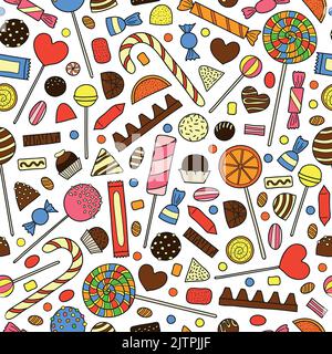 Motivo colorato senza cuciture con caramelle disegnate a mano. Illustrazione Vettoriale
