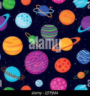 Modello luminoso senza cuciture con diversi cartoni animati fantastici pianeti spaziali. Illustrazione Vettoriale