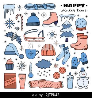 Collezione di oggetti invernali disegnati a mano, isolati su sfondo bianco. Illustrazione Vettoriale