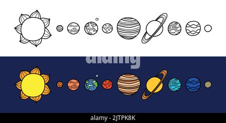 Insieme di pianeti colorati disegnati a mano e delineati del sistema solare isolato sullo sfondo. Illustrazione Vettoriale