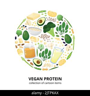 Fonti di proteine vegane in stile cartoon composto a forma di cerchio. Illustrazione Vettoriale