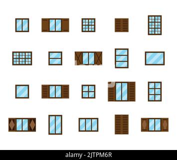 Set di finestre casa compatibili con lo stesso stile e dimensioni isolato su sfondo bianco. Illustrazione Vettoriale