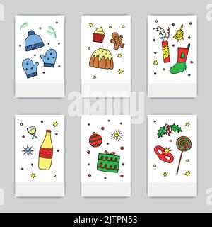 Set di maschere di Natale con icone colorate doodle. Può essere utilizzato per inviti, biglietti, poster, flayer, brochure, ecc. Illustrazione Vettoriale