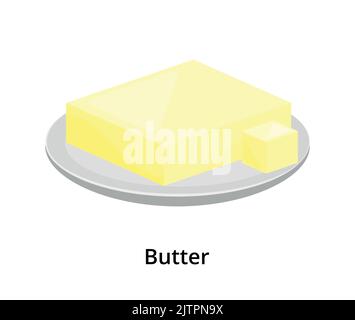 Cartoon cremoso burro o margarina sul piatto isolato su sfondo bianco. Illustrazione Vettoriale