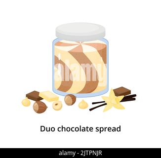 Cartone animato duo di cioccolato spalmato con nocciole e fiore di vaniglia isolato su sfondo bianco. Illustrazione Vettoriale