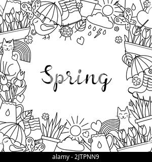 Sfondo quadrato con diversi oggetti di primavera doodle non colorati e scritte. Design dettagliato della struttura. Maschera di ritaglio utilizzata. Illustrazione Vettoriale
