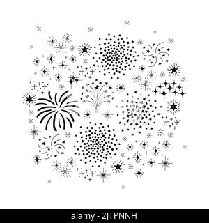 Composizione di fuochi d'artificio di doodle isolati su sfondo bianco. Illustrazione Vettoriale