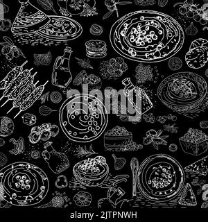 Modello senza giunture vettoriale disegnato a mano con hummus. Cibo sano. Cucina mediterranea. Menu vegetariano disegno alimentare. Design della confezione. Illustrazione Vettoriale