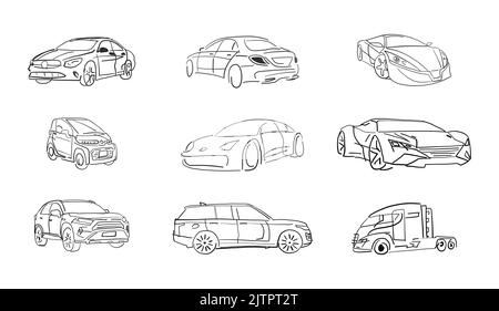 Semplice set di icone di linee vettoriali correlate all'elettro-automobile. Set di icone piatte e digitali per Web e dispositivi mobili. Illustrazione Vettoriale