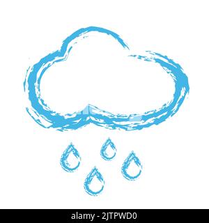 Nuvola con pioggia, gocce che cadono, gesso blu disegnato a mano illustrazione. Illustrazione Vettoriale