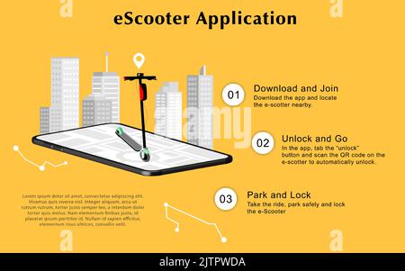 e-scooter e app di noleggio. Interfaccia utente mobile per servizio di condivisione scooter elettrico. Vettore. Illustrazione Vettoriale