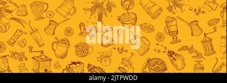 Concetto di doodle del caffè. Set di illustrazioni vettoriali disegnate a mano. Riquadro vista dall'alto. Design inciso. Design bianco e nero caffè. Design della scheda. Vettore. Illustrazione Vettoriale