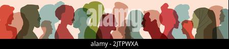 Silhouette a lato del gruppo donne e uomini di diversa cultura e paesi diversi. Diversità persone multietniche. Convivenza armonia e multiculturale Illustrazione Vettoriale