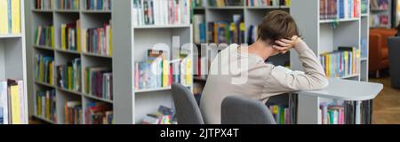 vista posteriore dello studente adolescente seduto in biblioteca sala di lettura, banner, immagine stock Foto Stock