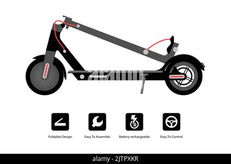 Scooter elettrico pieghevole isolato su bianco. Piegatura moderna per gli spostamenti e i viaggi. Veicolo elettrico. Illustrazione - vettore. Illustrazione Vettoriale