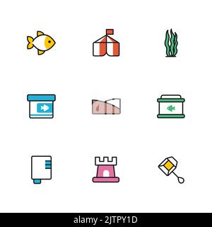 Un'illustrazione della confezione di un pesce, di una tenda da circo, di alghe, di un pesce in stile cartoon Illustrazione Vettoriale