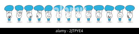 Stick figure. Comunicazione Bubble chat di gruppo. Stile cartone animato. Discutere di social network, notizie, social network, chat, dialogo bolle. Illustrazione Vettoriale