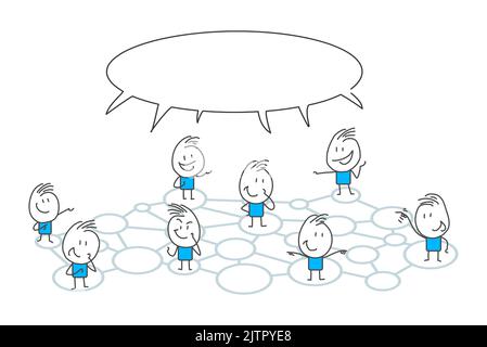 Stick figure. Comunicazione Bubble chat di gruppo. Stile cartone animato. Discutere di social network, notizie, social network, chat, dialogo bolle. Illustrazione Vettoriale