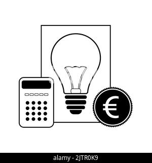 Concetto dei prezzi dell'energia. Icona di fattura, lampadina, moneta euro e calcolatrice. Illustrazione del vettore piatto Illustrazione Vettoriale