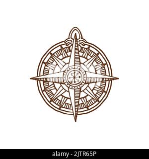 Vento retrò di rosa, bussola vintage isolato segno della mappa medievale. Il vento vettoriale è aumentato geografico cardinale, il diagramma di rosa della bussola è rivolto verso nord, sud, est e ovest. Strumento di navigazione e orientamento Illustrazione Vettoriale