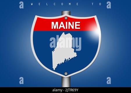 Maine su strada segnaletica stradale autostrada su sfondo blu, rendering 3D Foto Stock