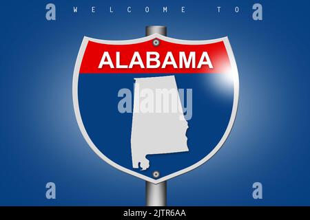 Mappa dell'Alabama sulla strada statale segno su sfondo blu, rendering 3D Foto Stock